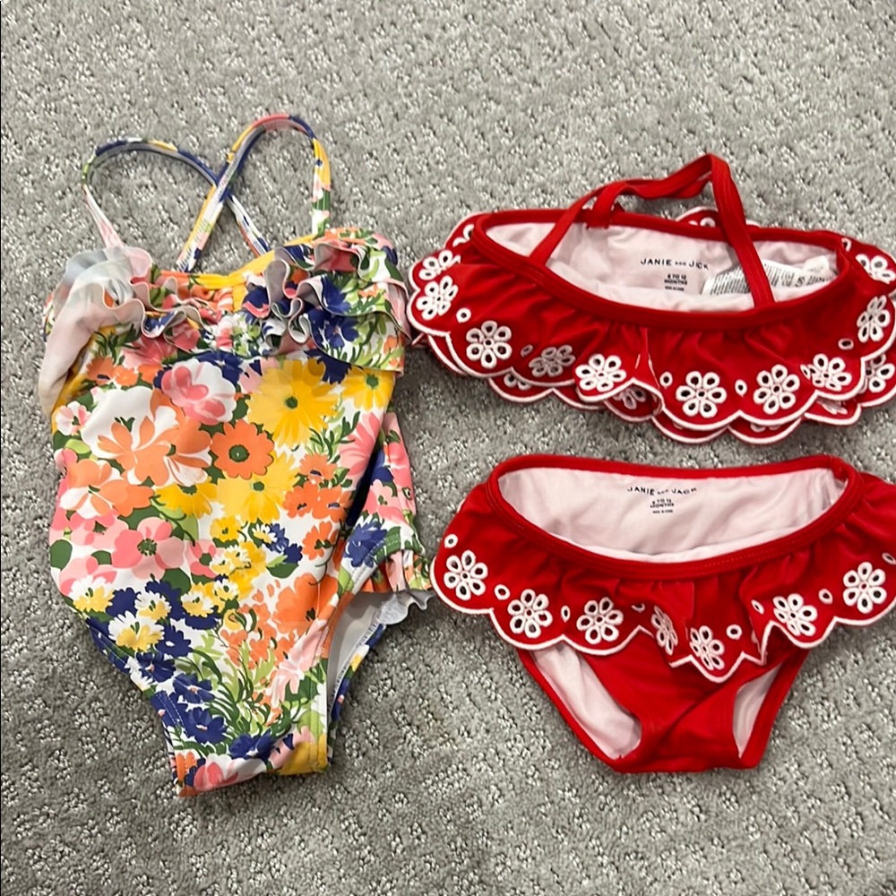 Janie and Jack Floral and Red Kids Swim Bikinis